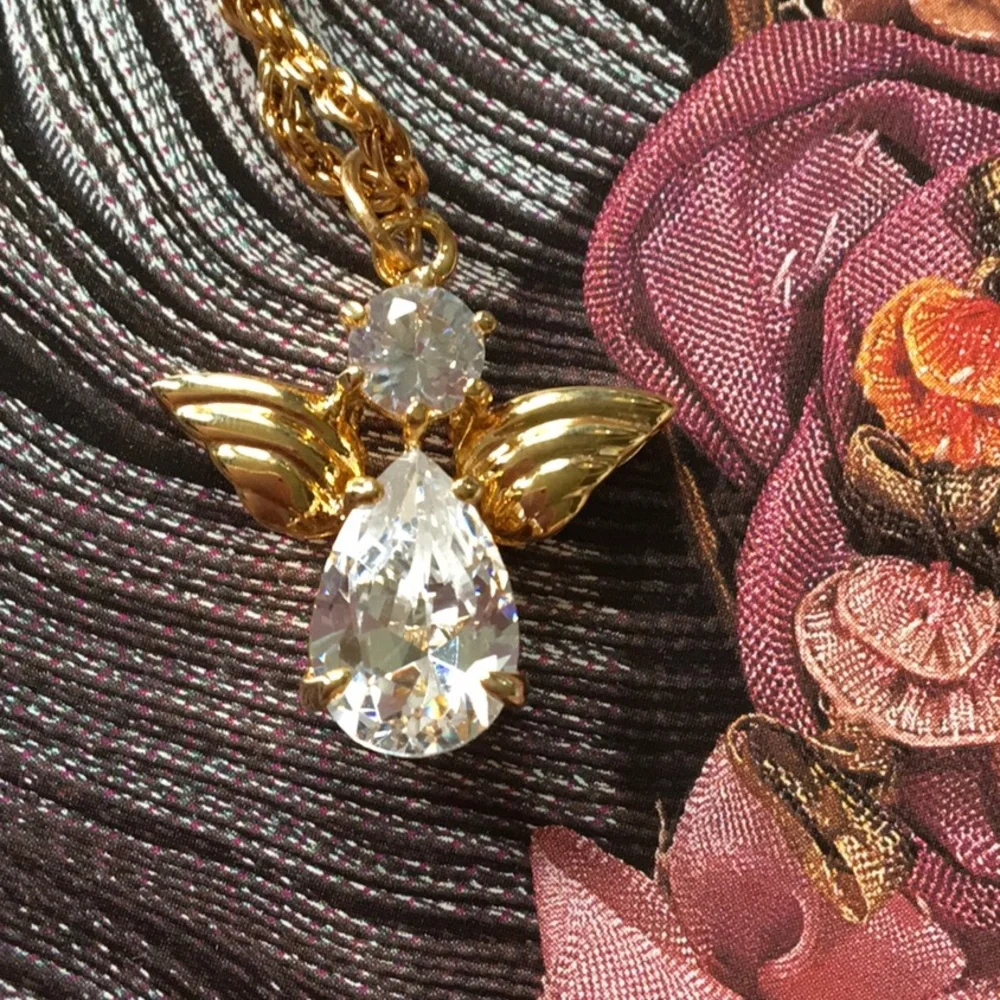 Cubic Zirconia Guardian Angel Protection Necklace Gold Tone NWOT